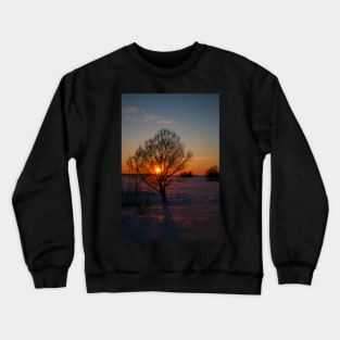 Sunset winter landscape with snow-covered road in violet and pink colors Crewneck Sweatshirt